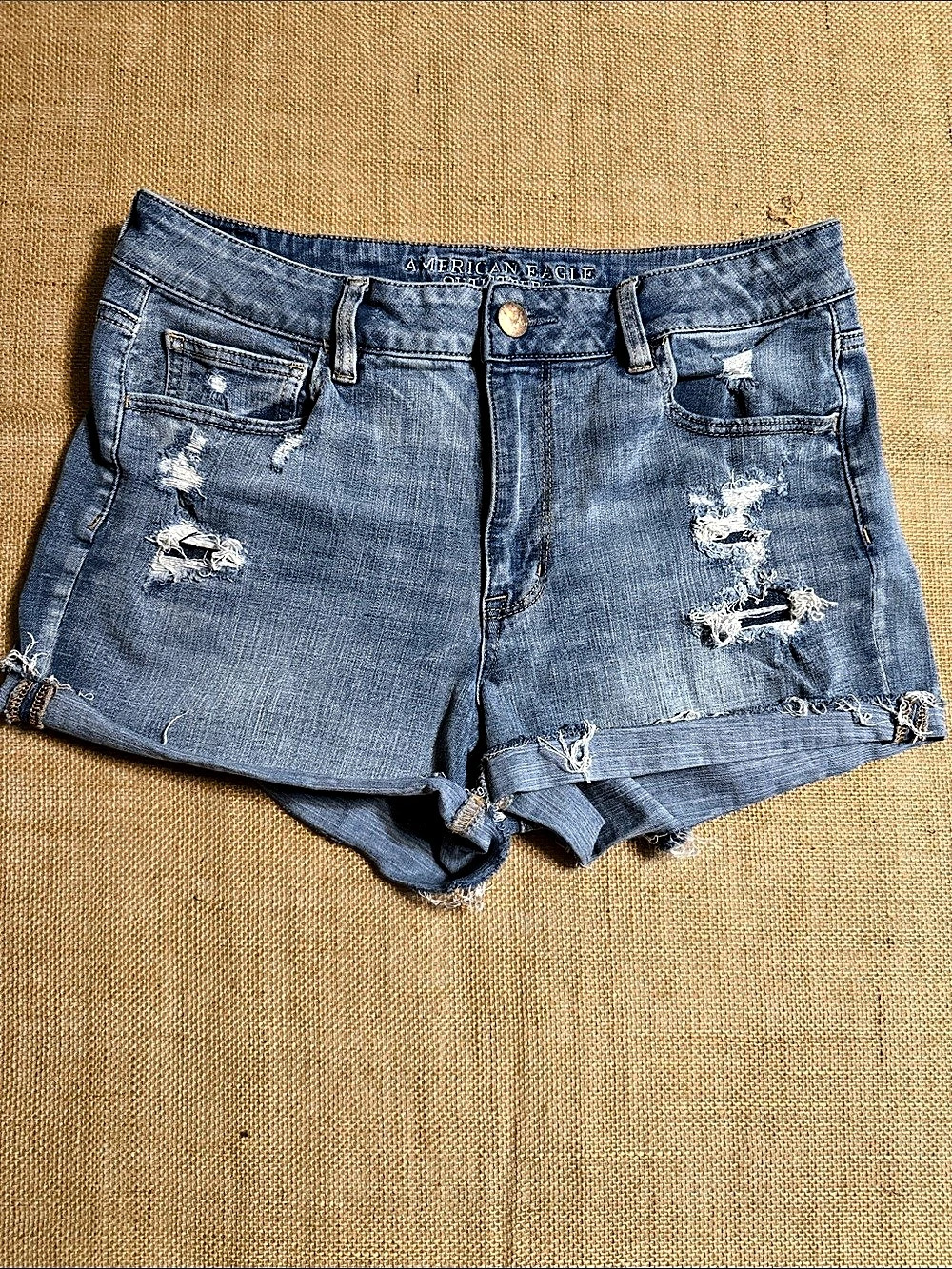 American Eagle Outfitters 360 Super Stretch Distressed Denim Shorts Blue 14